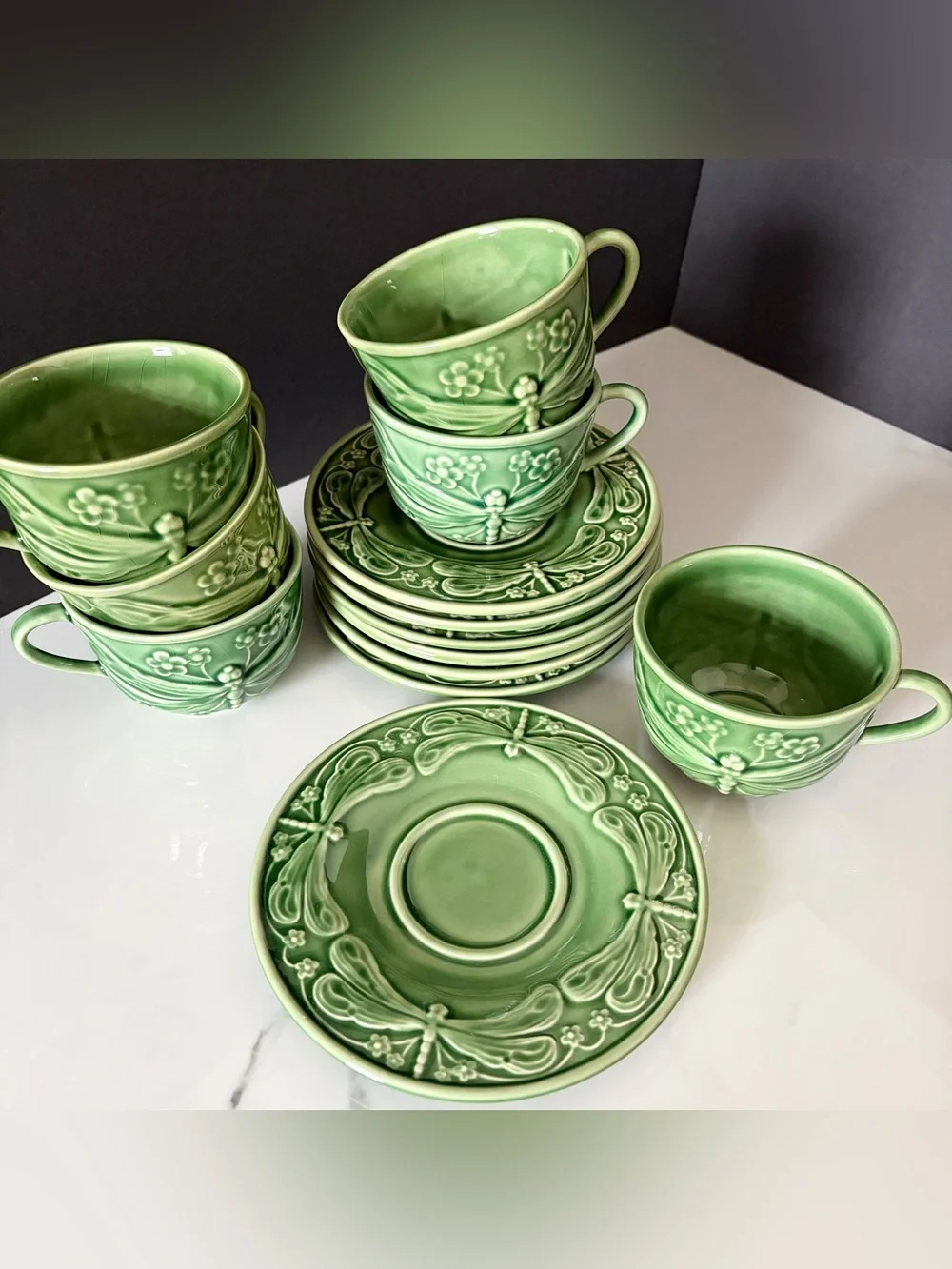 SET of 6 Dragonfly Cup & Saucers - For World Market by Bordallo Pinheiro